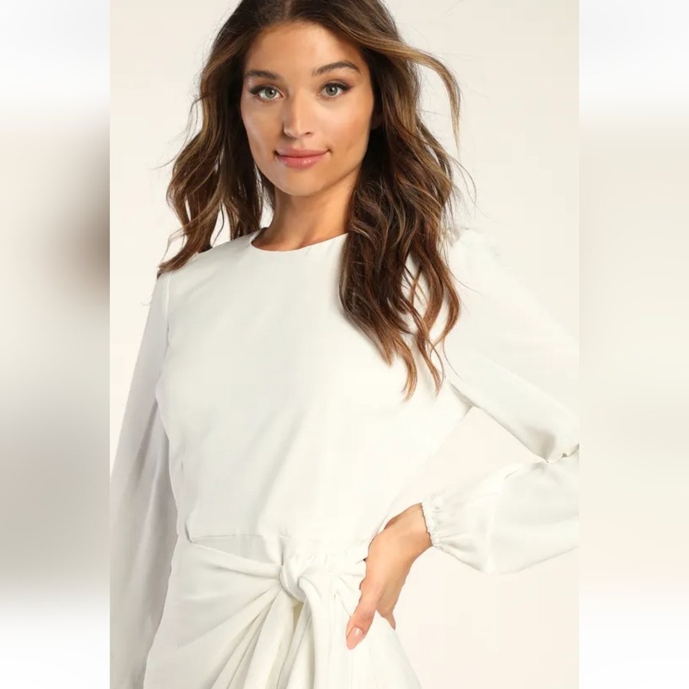 Lulu's Believe It or Knot Ivory Long Sleeve Tie-Front Skater Dress Size Medium - Picture 6 of 9